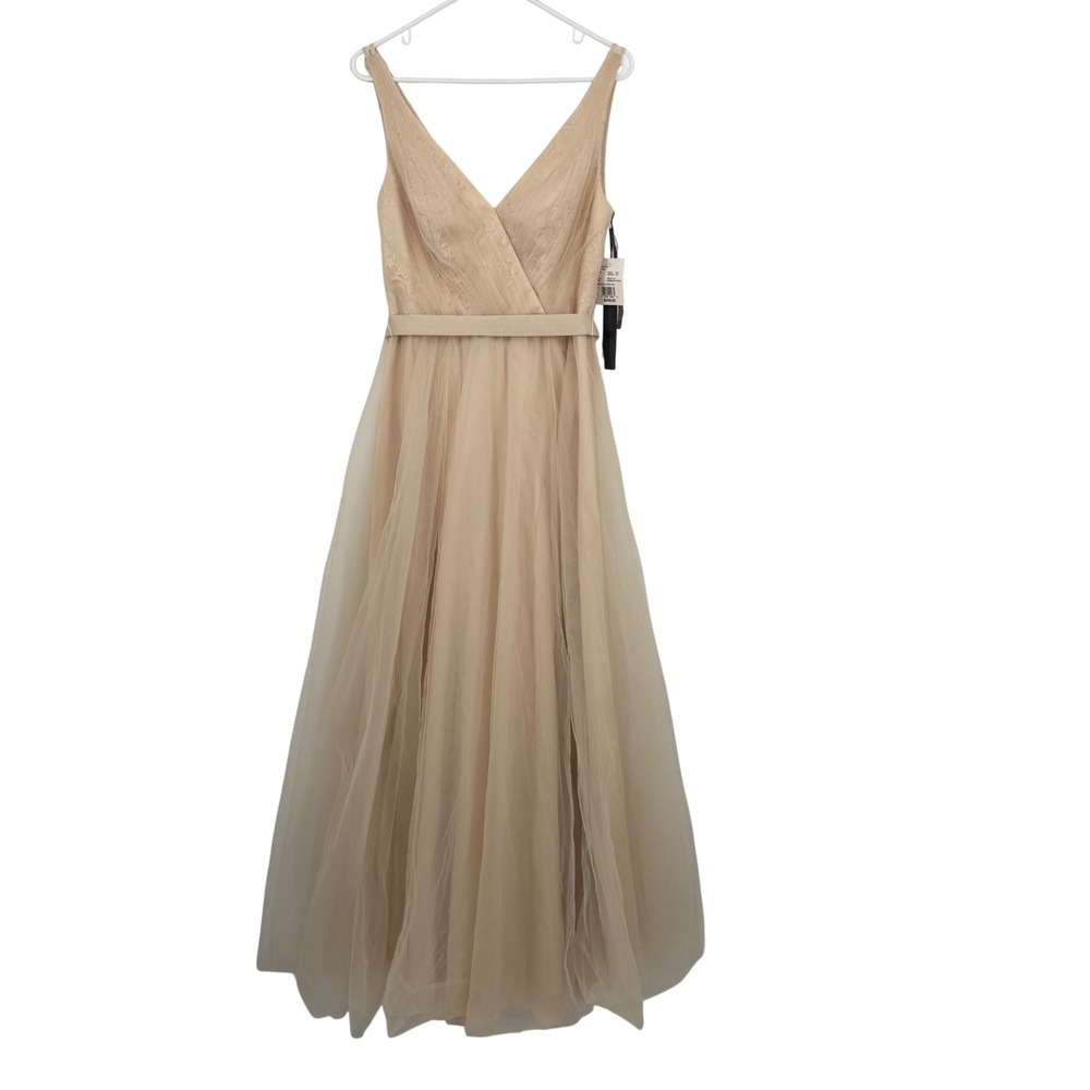 White by Vera Wang Champagne Lace Tulle V-Neck Gown VW360322 Womens 8 NEW